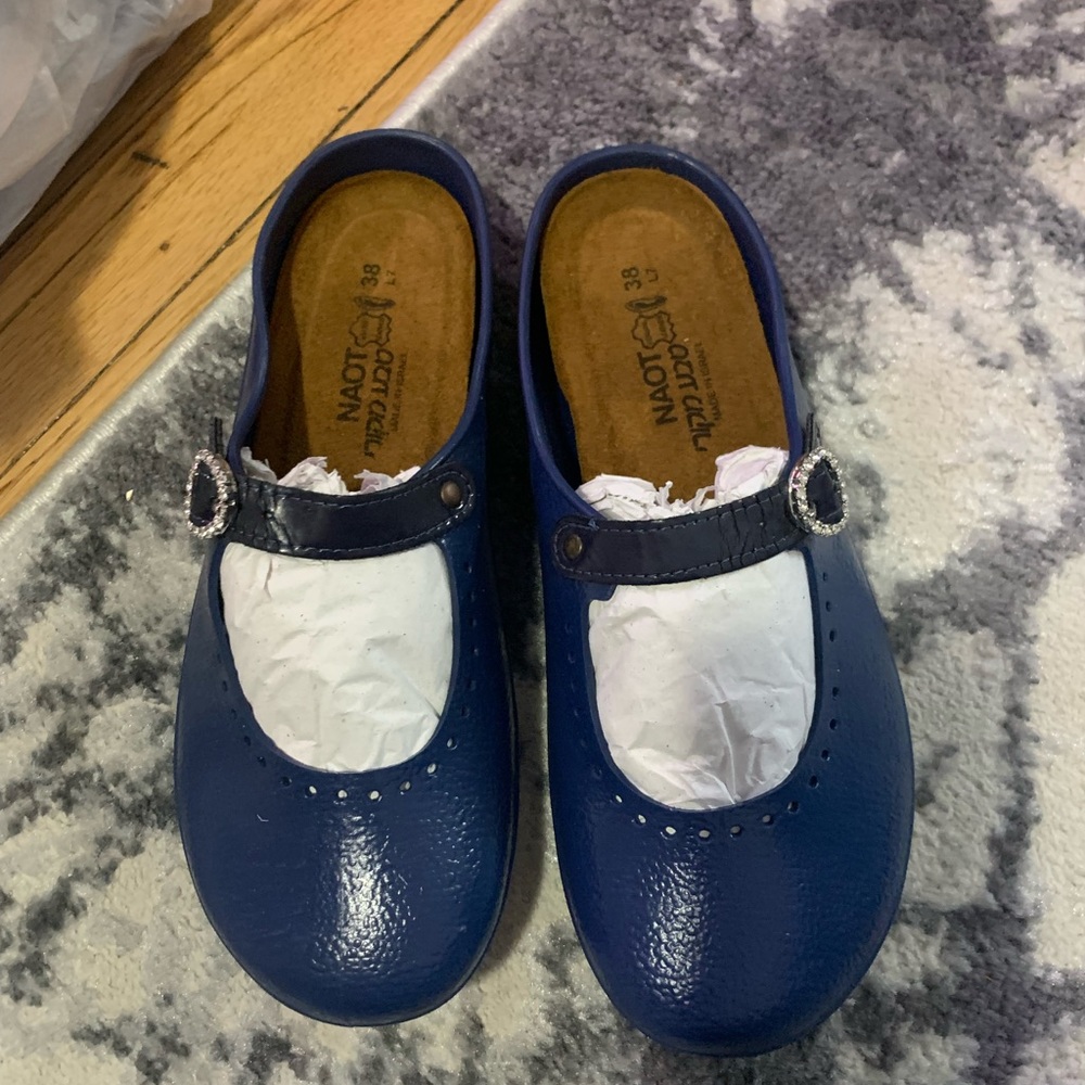 Naot Blue Leather Mules with Buckle